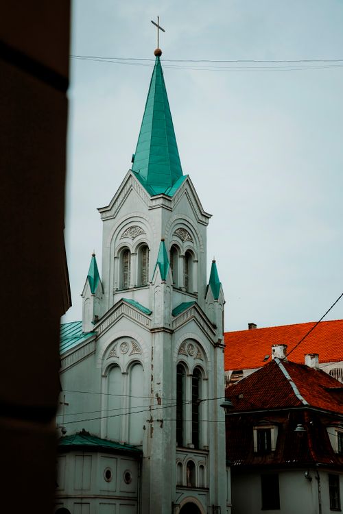 Free Vertical view of Our Lady of Sorrows Church, a historic landmark in Riga's old town. Stock Photo