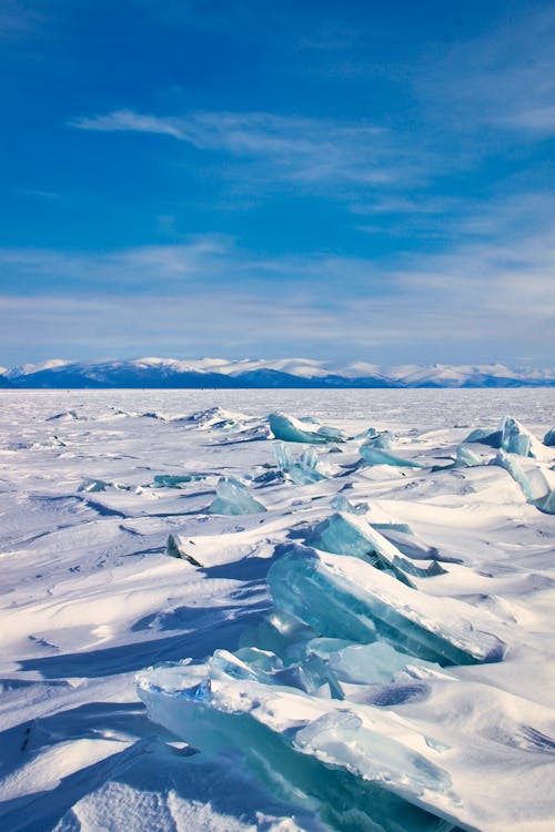 Ice floes on the sea with mountains in the background