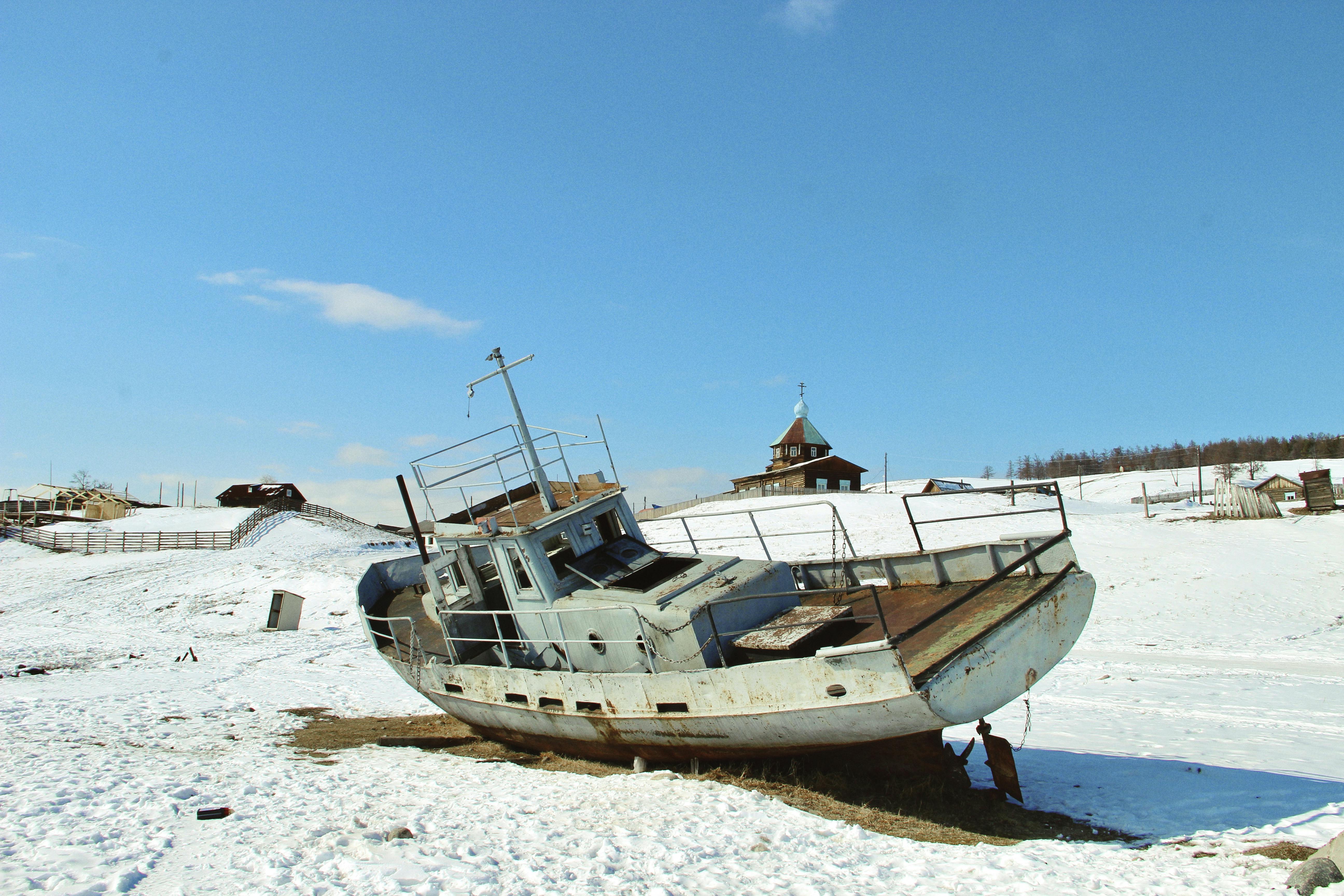 a boat is sitting on the snow covered ground