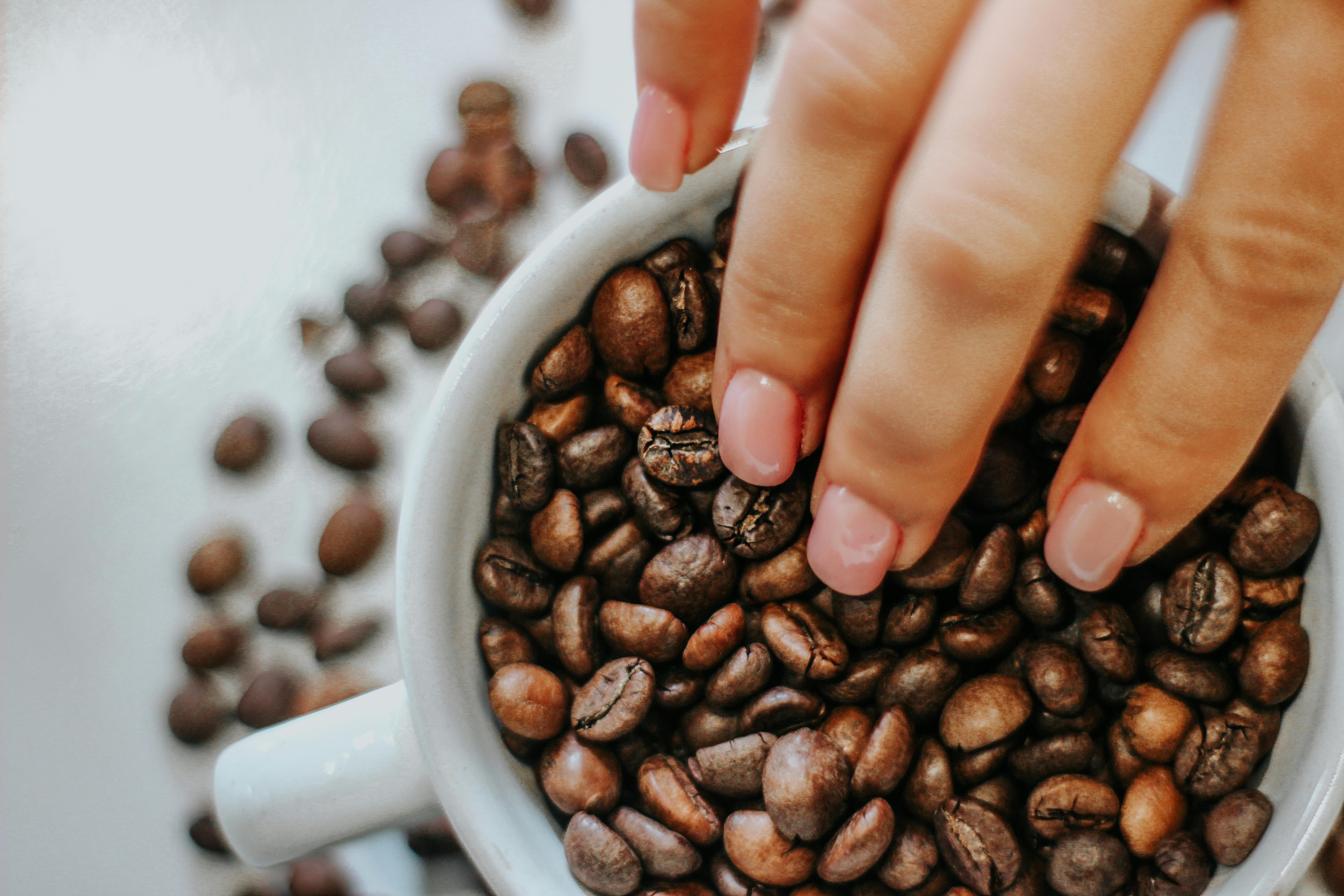 how to make a mocha at home without espresso - Hand with painted nails touching fresh roasted coffee beans in a cup.