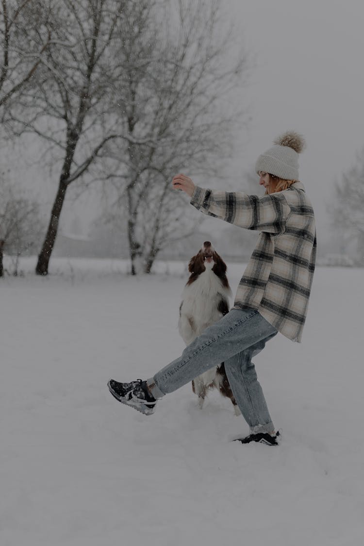 Woman Playing With Her Dog In The Snow 