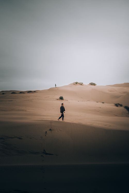 Free A solitary figure walking on vast, sandy dunes under an overcast sky, capturing the essence of isolation. Stock Photo