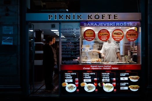 A vibrant night scene of a Turkish street food stall with customers ordering.