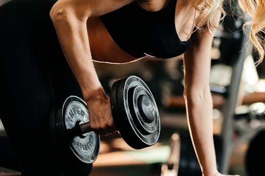 Focused woman lifting a dumbbell, highlighting strength and fitness goals.