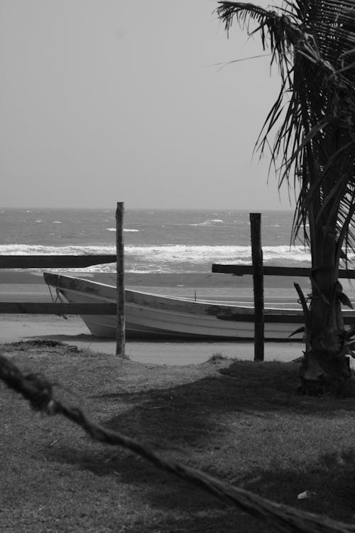 Black and White Picture of Boats Moored on the Tropical Beach 