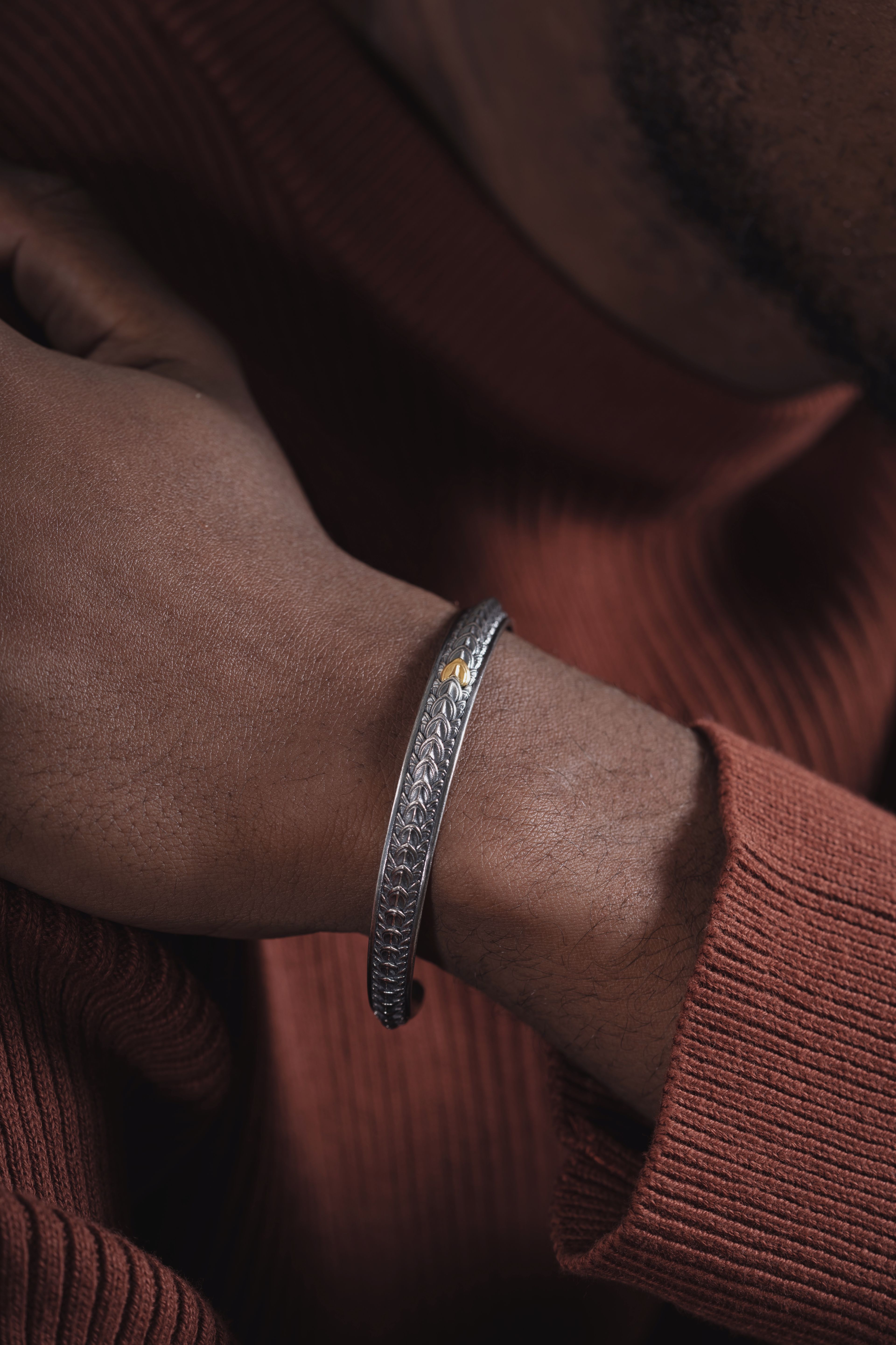 Vylore silver bracelet worn on the wrist in a contemporary design