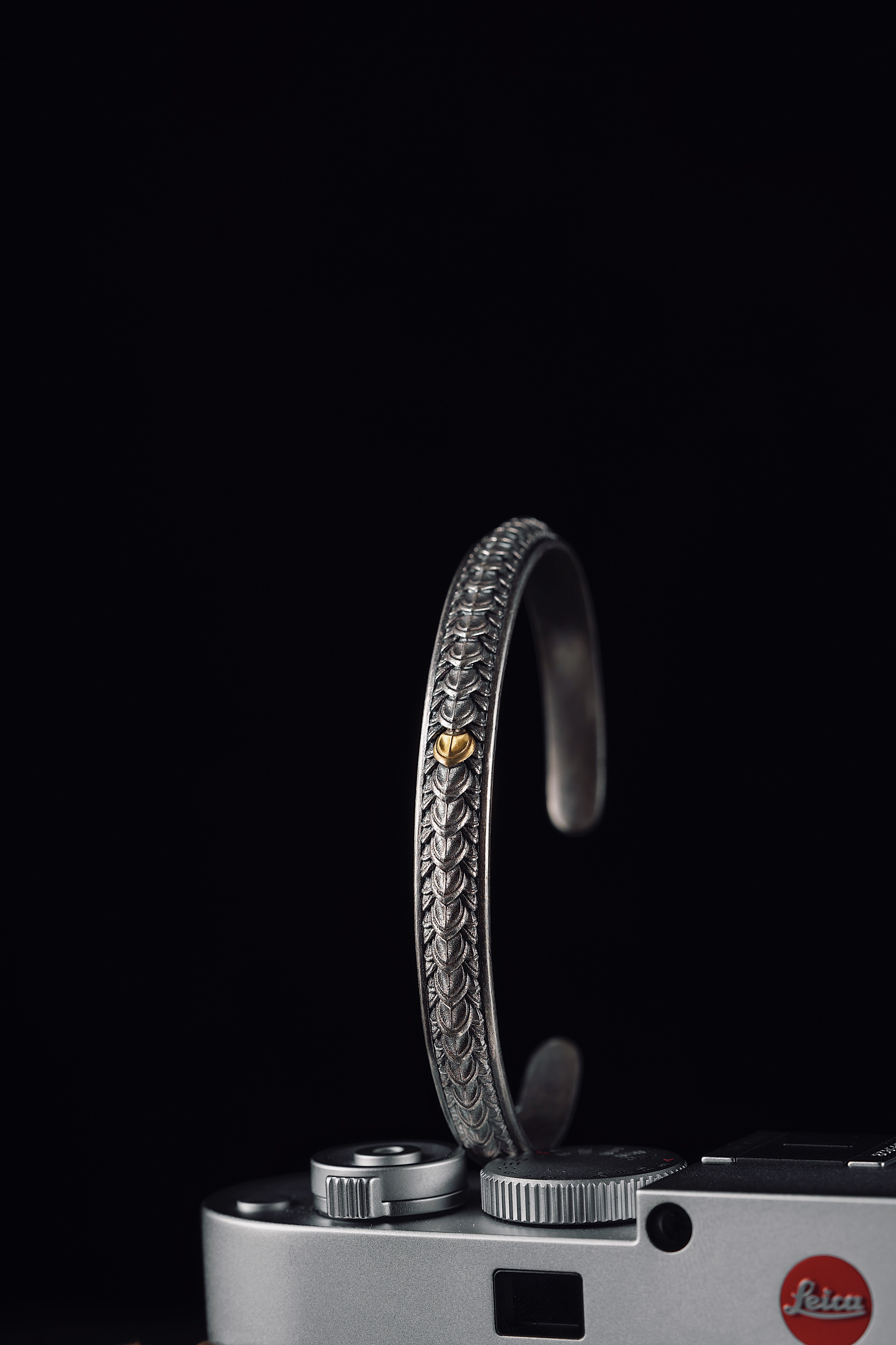 Exquisite silver bracelet with ornate design showcased on camera gear.
