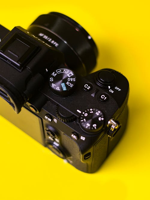 A black camera with a yellow background