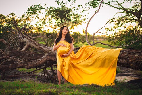 Pregnant Woman in Yellow Gown Posing in front of Fallen Tree