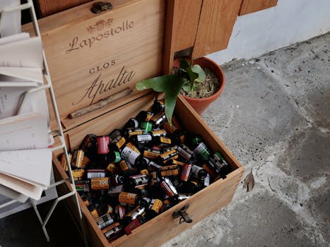 A wooden box filled with various vintage film rolls beside a potted plant on a concrete floor.