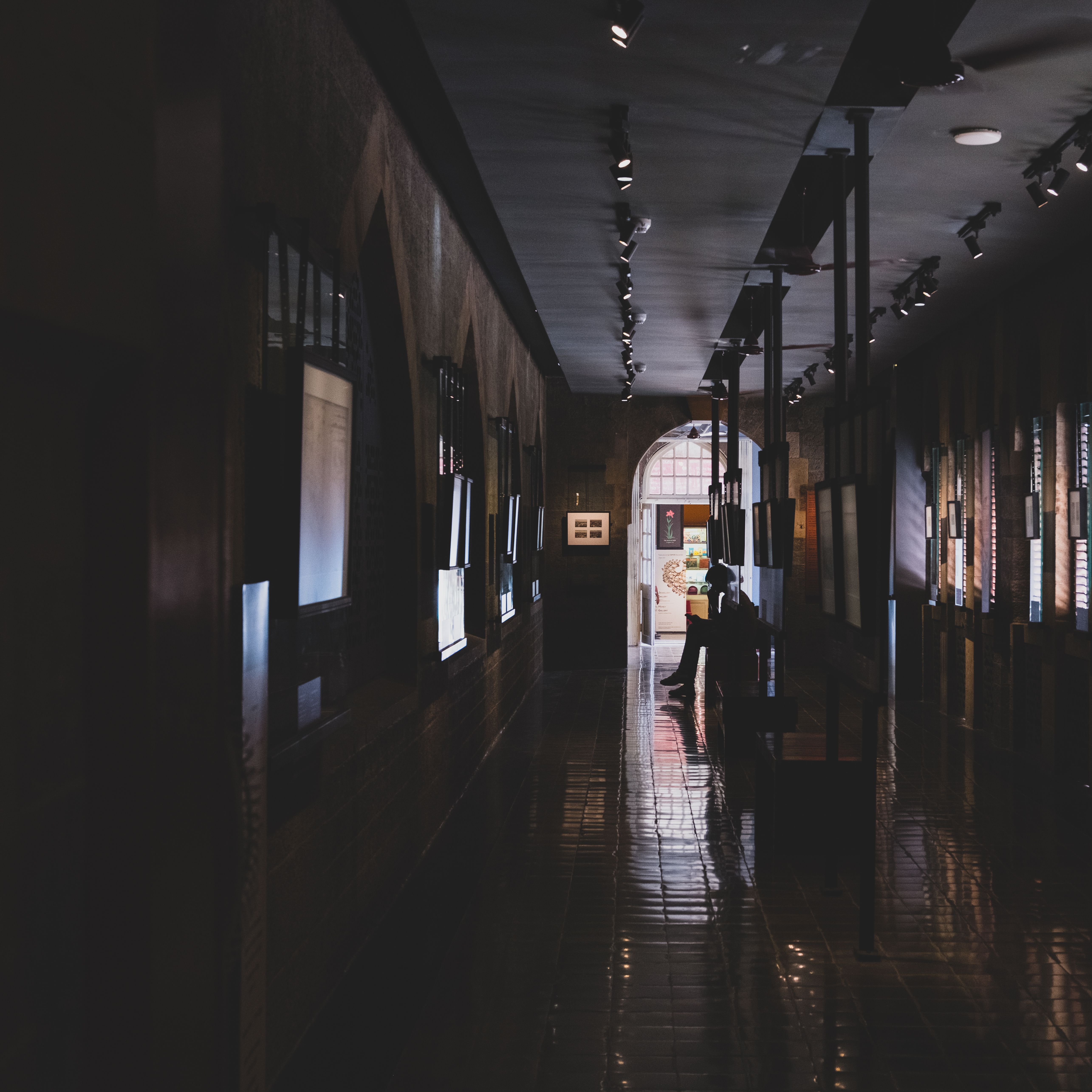 A dimly lit corridor with a silhouetted person sitting by the doorway, creating a mysterious atmosphere.