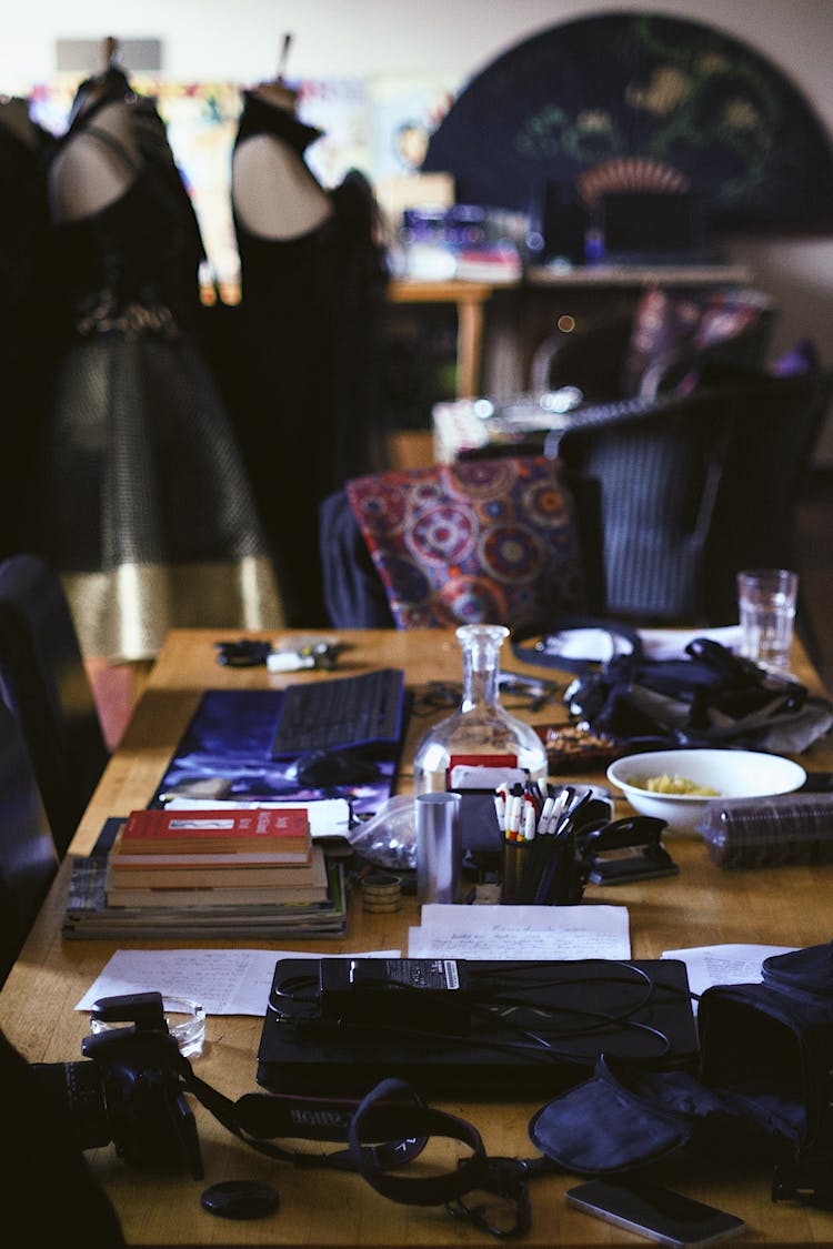 Items On Wooden Table In Designer Workshop