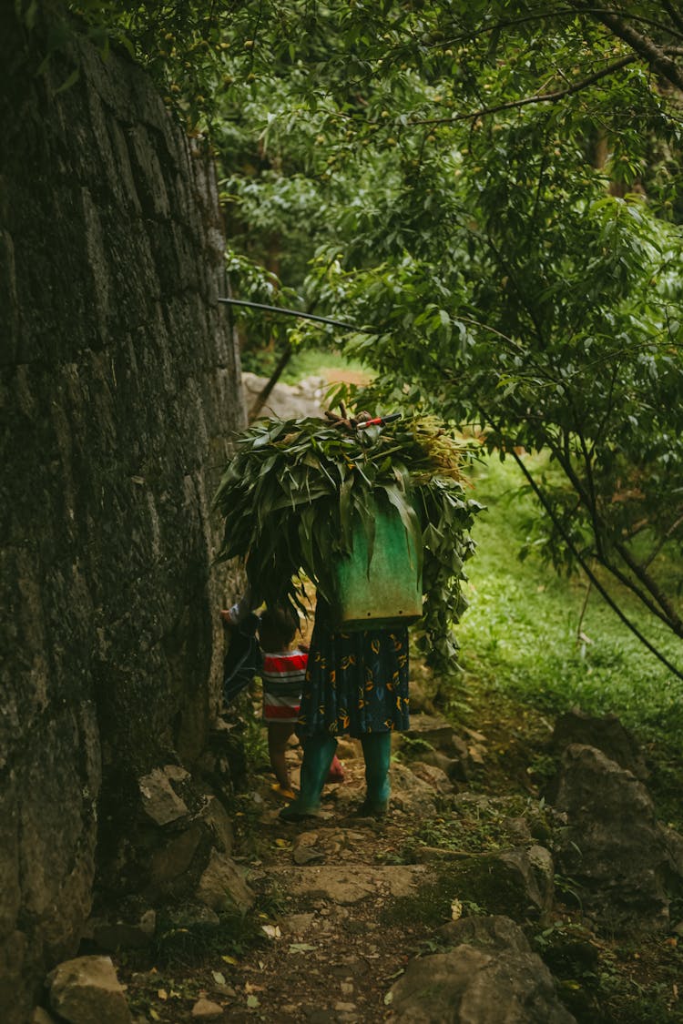 Back View Of Parent With Child And Carrying Plants