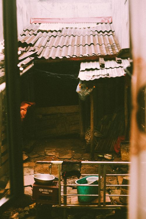 Free A rustic backyard scene featuring a corrugated metal roof and stone flooring, highlighting rural life. Stock Photo
