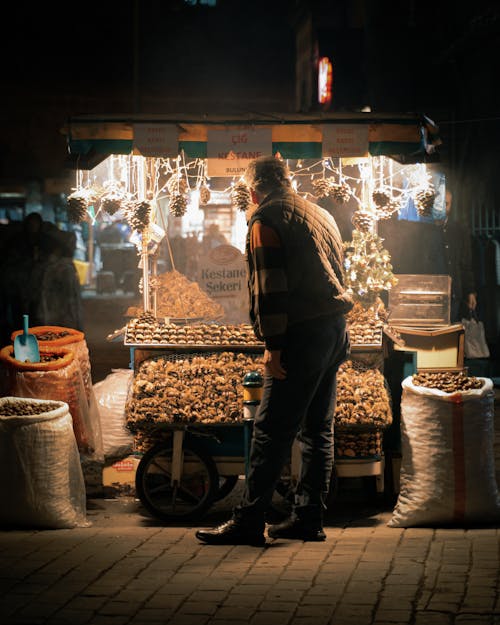 Night Photo of a Street Stall with Chestnuts