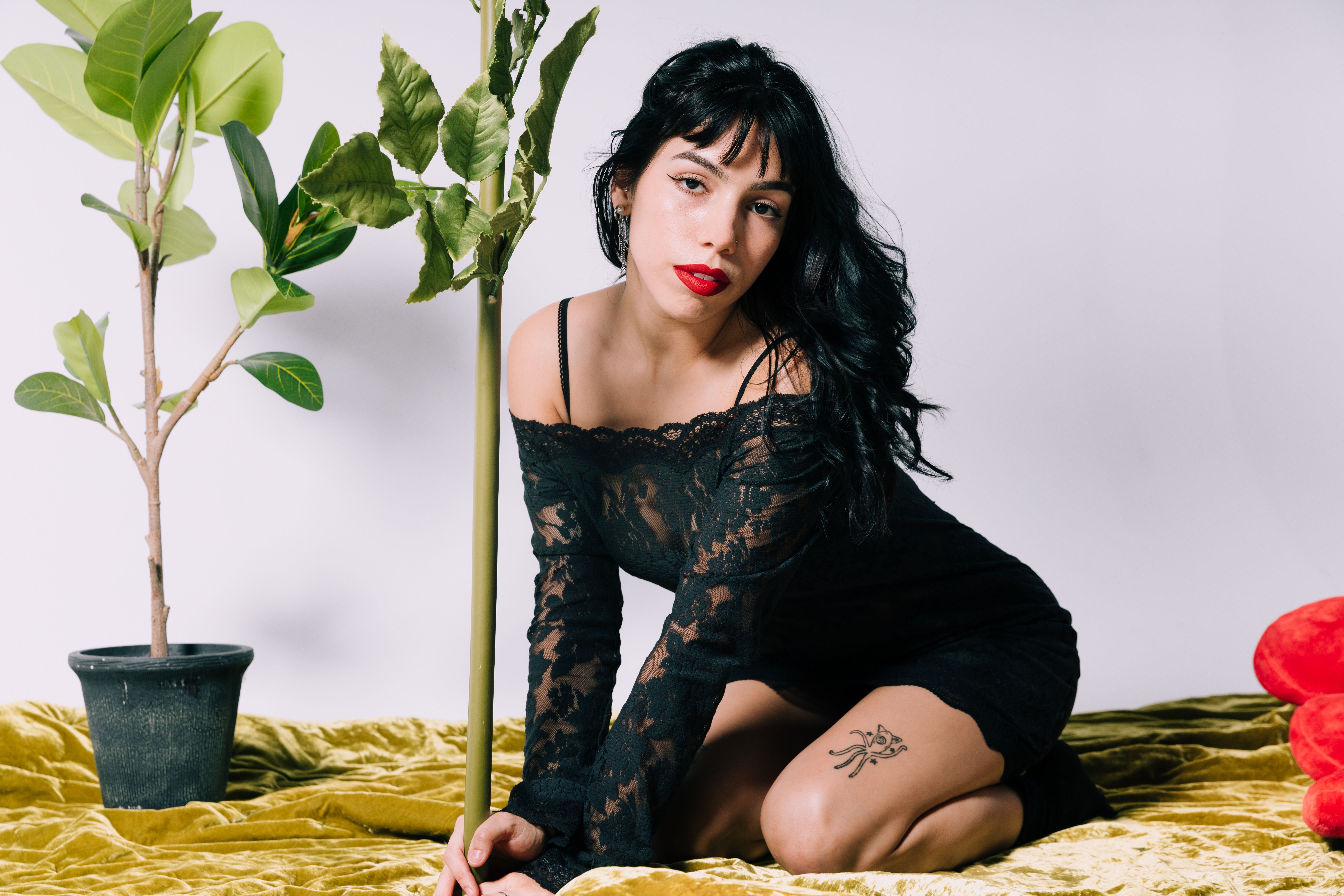 Captivating image of a woman in black lace dress posing beside a houseplant in a stylish studio setting.