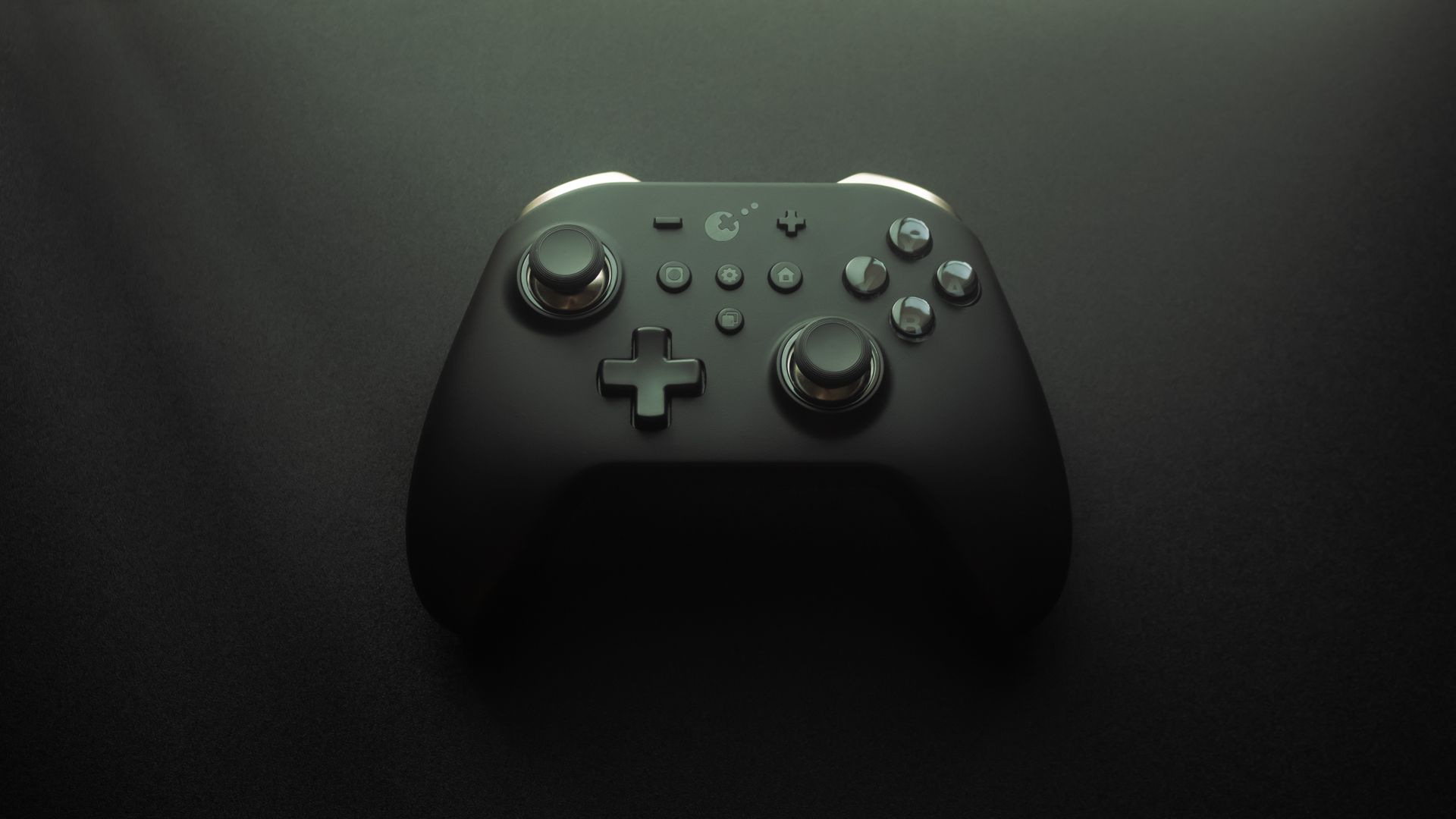 High-quality image of a modern game controller on a smooth black surface, highlighting design and technology.