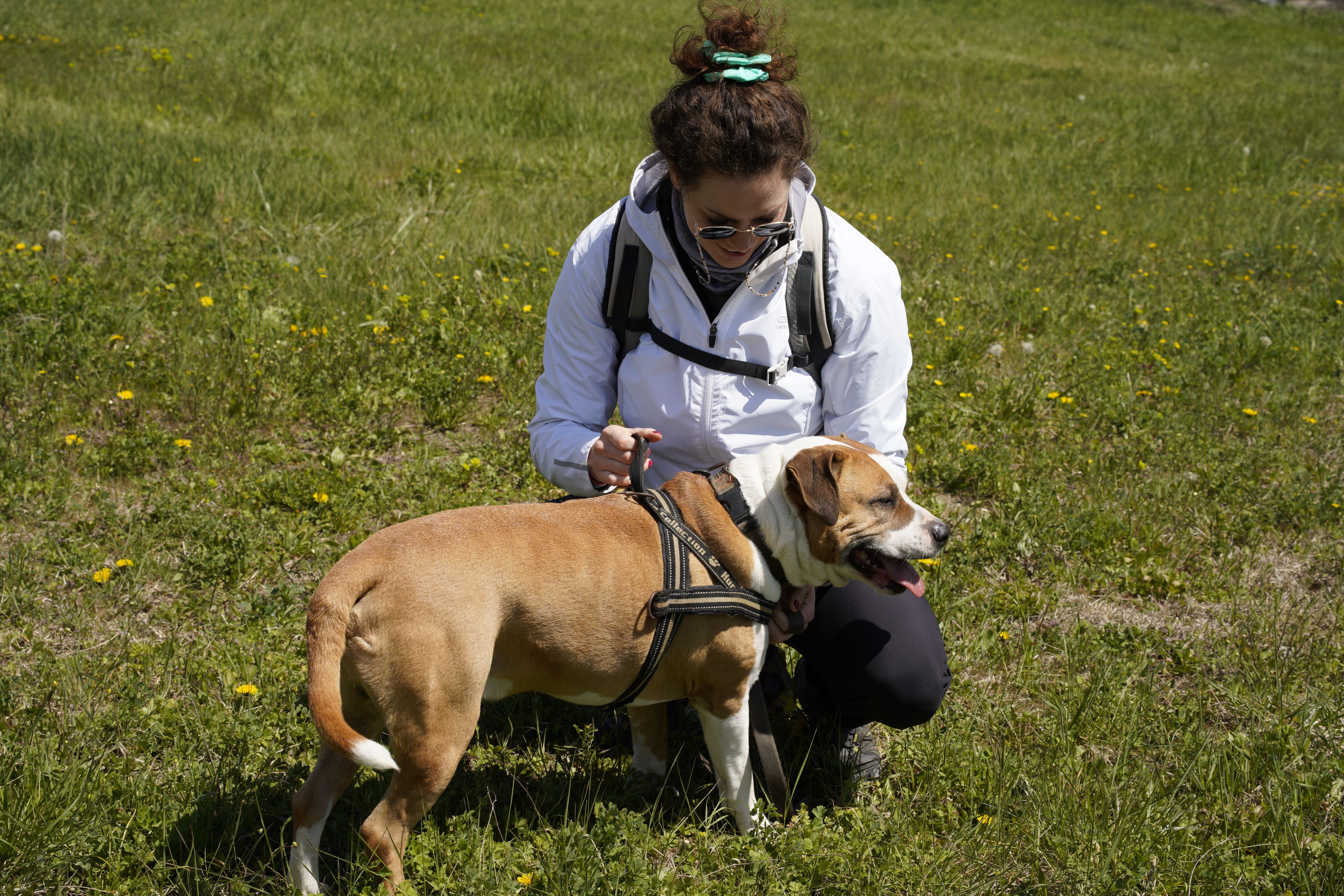 Pet parent enjoying outdoor time with her dog