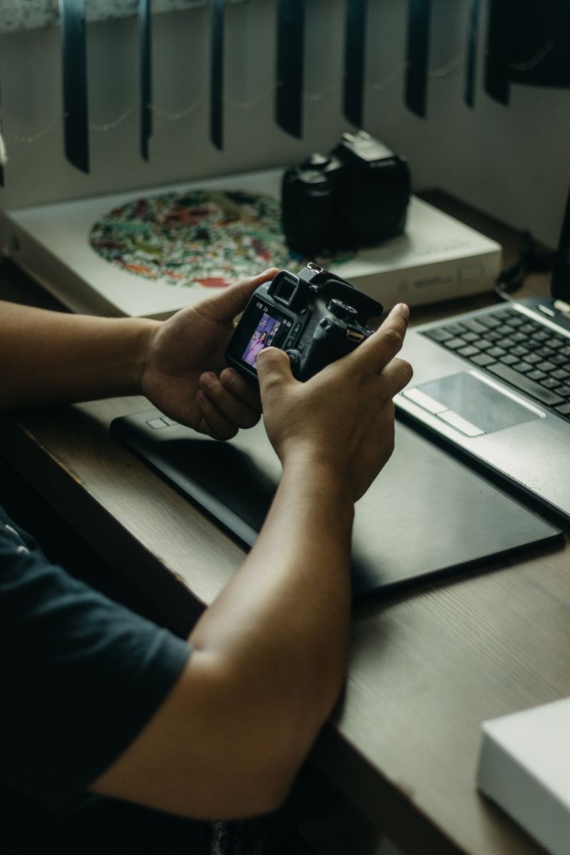 Photographer checking frames on a camera screen