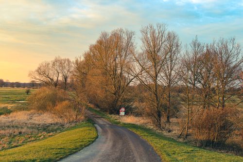 Free Beautiful autumn landscape of a rural road surrounded by fields and trees in Bleckede, Germany at sunset. Stock Photo