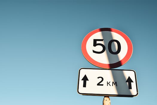 Clear speed limit and distance sign against blue sky, offering guidance and information.