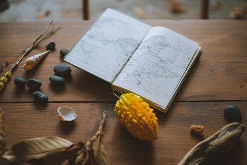 Free A rustic arrangement with an open map, stones, shells, and dried leaves on a wooden table. Stock Photo