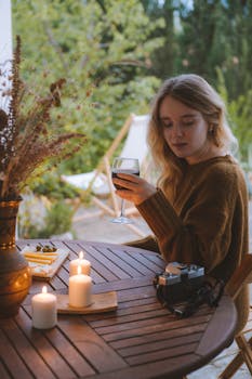 一名年轻女子在户外露台上，被蜡烛环绕，一边喝酒一边享受平静的时刻