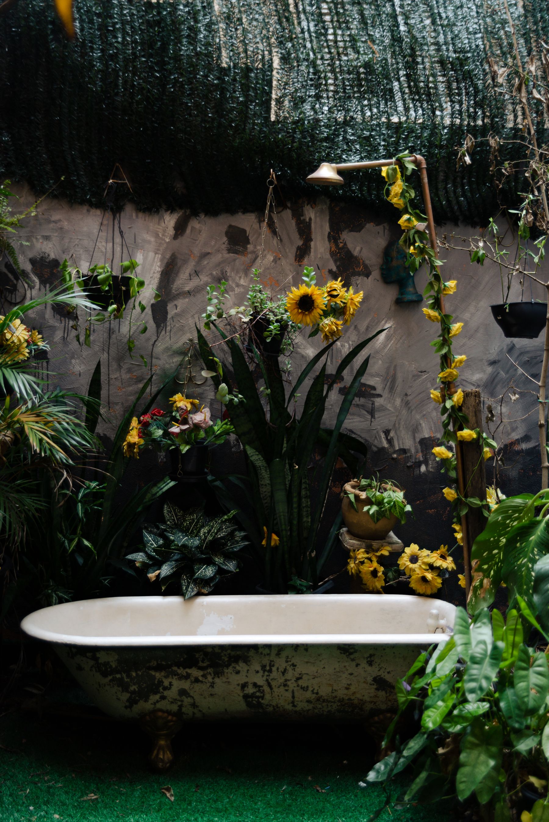 Antique bathtub surrounded by green plants and yellow sunflowers in a garden