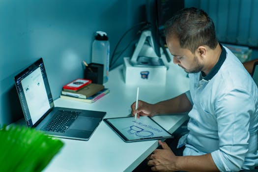 A focused man uses a tablet to design while working at his desk in a modern office setting.