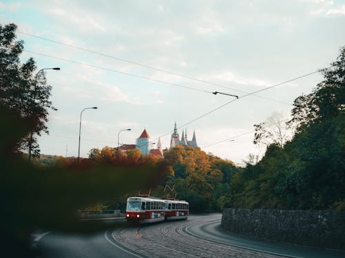 Vintage Tram on Street in Prague