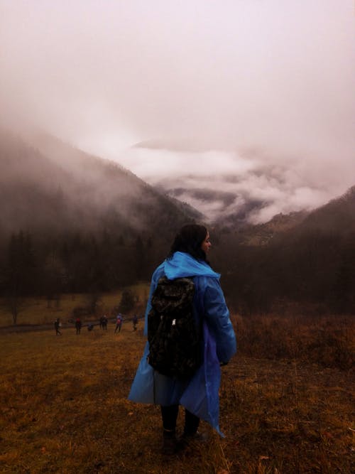 Free Woman Wearing Blue Coat Overlooking Mountains Stock Photo