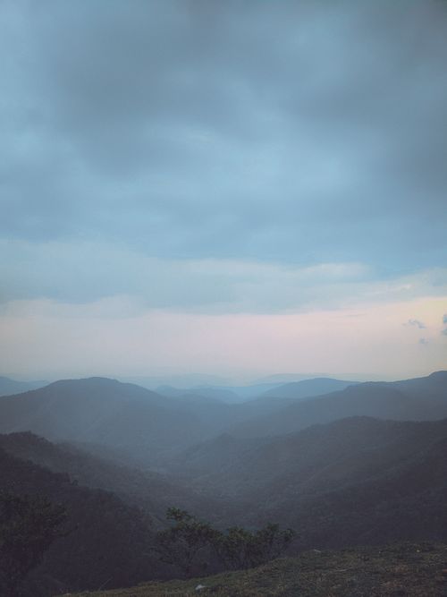 Free A tranquil view of misty mountains under an overcast sky in Idukki, Kerala, India. Stock Photo