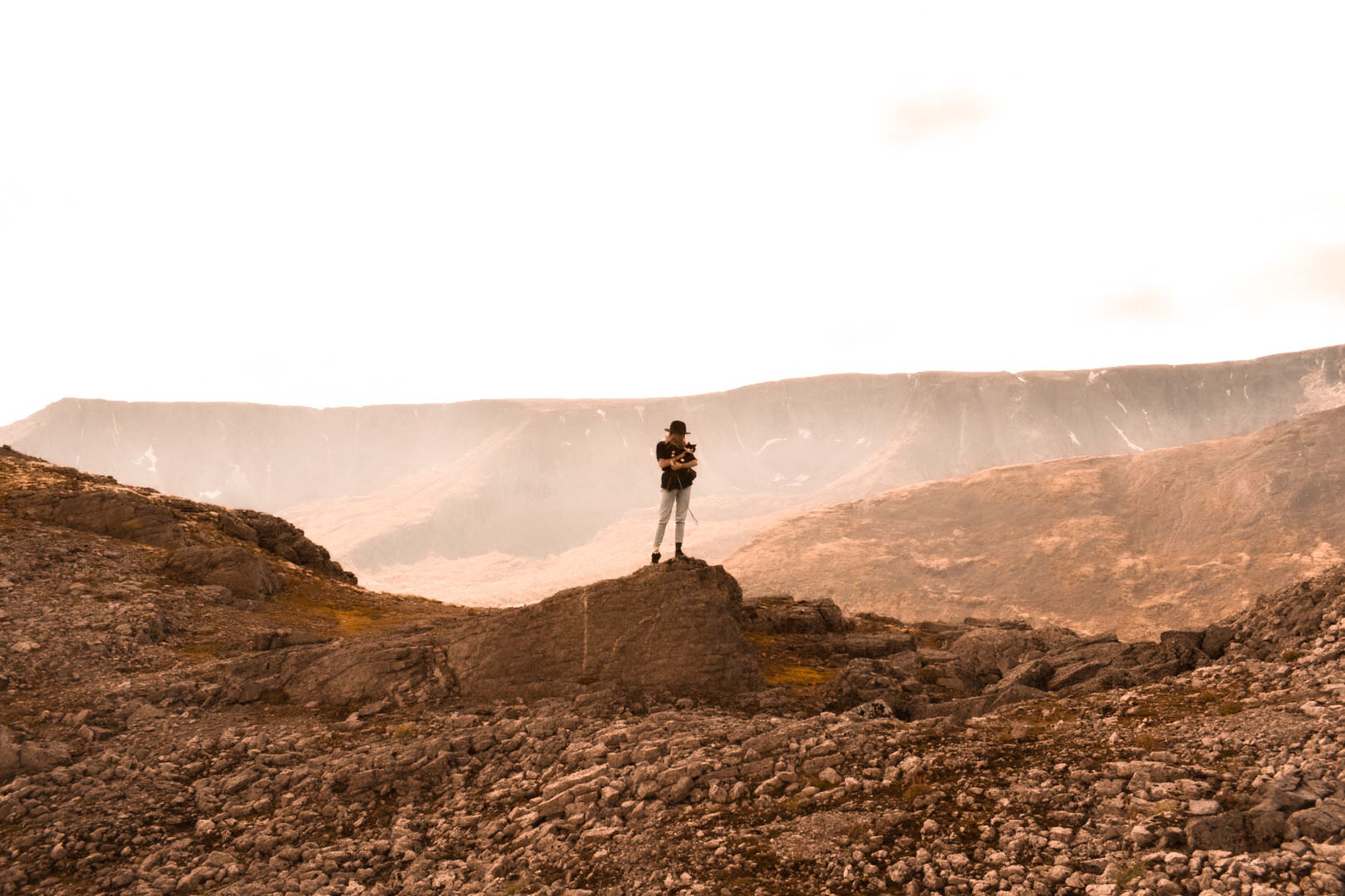 A lone adventurer stands atop rocks in a vast, barren mountain terrain under bright sunlight.