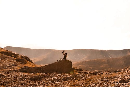 Woman Sitting on Rock Holding Up Dog