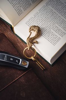 Stylish car key with an animal-shaped keychain, resting on an open book.