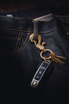 Detailed close-up of a car key and dragon keychain hanging on denim jeans.