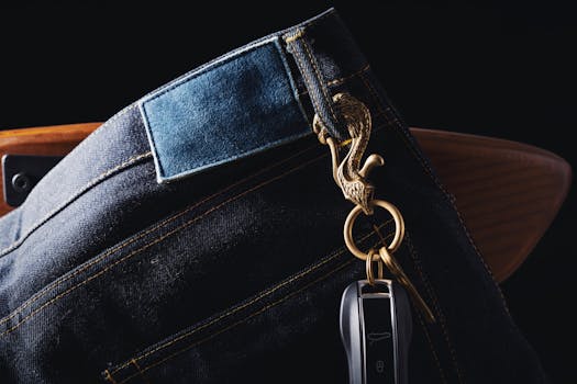 Close-up of denim jeans with a keychain featuring a carved eagle and car key. Stylish accessory detail.