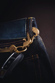Golden keychain on dark denim jeans showcasing intricate design and sleek car key.