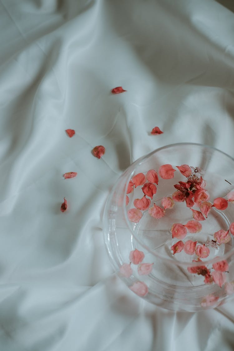 A Glass Of Water With Pink Flower Petals 