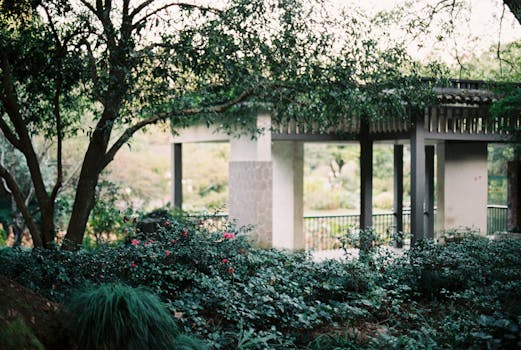 花园里有一处宁静的场景，凉亭掩映在郁郁葱葱的绿化和开花灌木之间