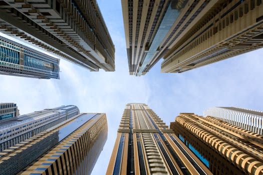 Low angle view of modern skyscrapers against a bright sky, showcasing urban architecture.