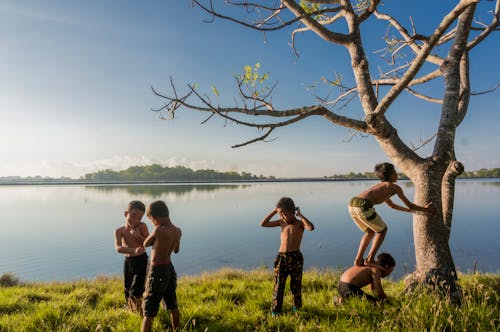 Free Five Boys Standing Near Body of Water Stock Photo
