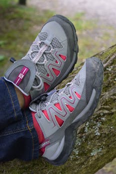 树上放置的时尚登山鞋详细视图，非常适合户外探险