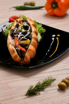 优雅的黑色盘子上，盛放着配以辣椒和蔬菜的美味牛肉三明治