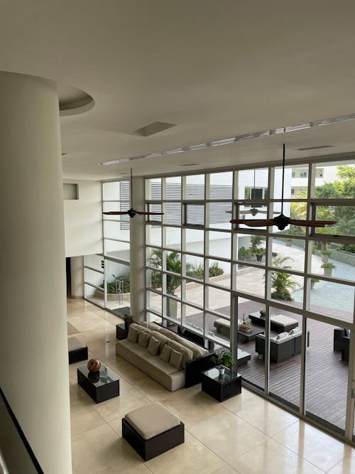 Luxurious Interior with a Terrace behind a Glass Wall