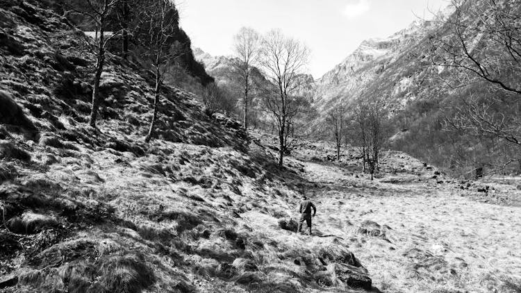 Man Working In Valley In Mountains