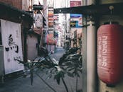 风景如画的小巷里，传统灯笼和充满活力的标牌点缀其间，体现了日本的城市文化