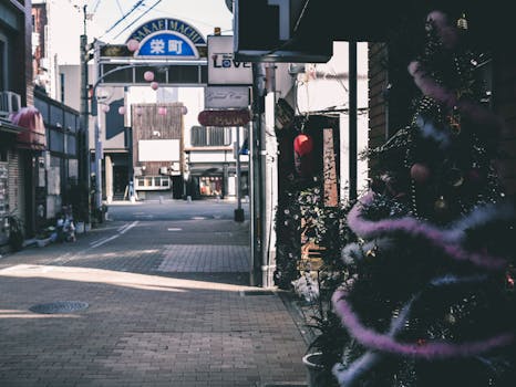Quiet street in Sakae Machi decorated with Christmas tree, capturing urban festive ambiance.
