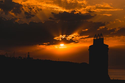 Silhouetted Urban Skyline against a Dramatic Sunset Sky 