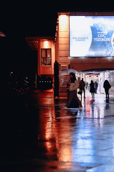 Nighttime city street reflecting lights in rain with people and ad display.